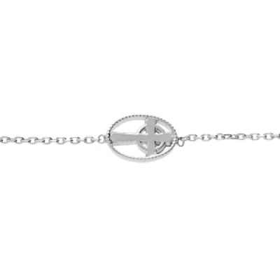 Bracelet en argent rhodié chaîne avec ovale motif croix 16+2cm