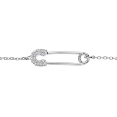 Bracelet en argent rhodié chaîne avec épingle à nourrice oxydes blancs sertis 16