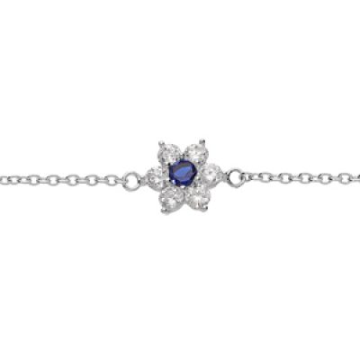 Bracelet en argent rhodié chaîne motif marguerite avec oxyde centre bleu foncé et contour blancs sertis 16.5+2cm