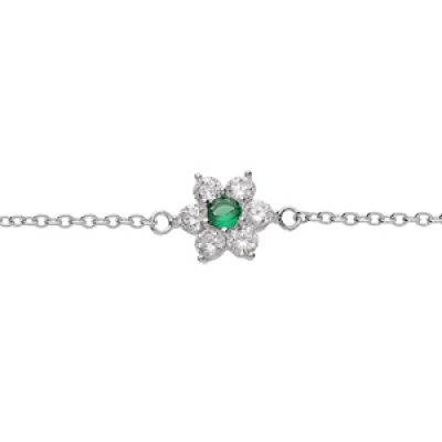 Bracelet en argent rhodié chaîne motif marguerite avec oxyde vert sertis et contour blancs sertis 16.5+2cm