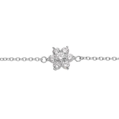 Bracelet en argent rhodié chaîne motif marguerite avec oxyde blanc sertis et contour blancs sertis 16.5+2cm