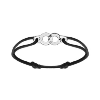 Bracelet en argent rhodié motif menotte avec cordon coulissant noir