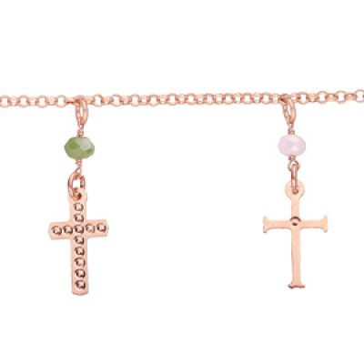Bracelet en argent et dorure rose avec pampilles Croix et perles colorées 16+3cm