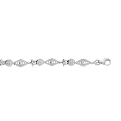Bracelet en argent rhodié maillons filigrane losange et oxydes blancs 16+3cm