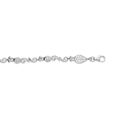 Bracelet en argent rhodié maillons motifs filigranes et oxydes blancs 16+3cm