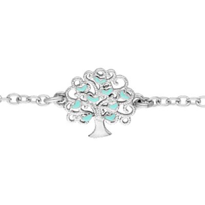 Bracelet en argent rhodié chaîne avec arbre de vie ajourée et cœurs couleur turquoise 16+3cm