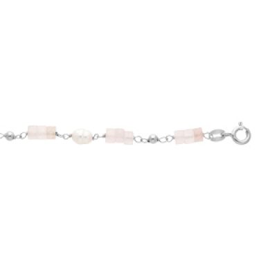 Bracelet en argent platiné rondelles de Quartz rose poudré véritable et Perles de Culture d'eau douce 16+3cm