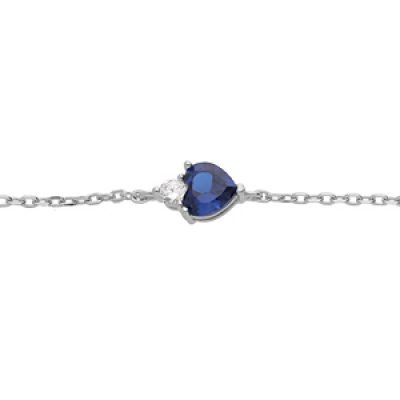 Bracelet en argent rhodié chaîne avec oxyde bleu foncé forme coeur et 1 oxyde blanc 16+3cm