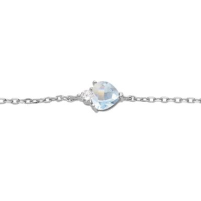 Bracelet en argent rhodié chaîne avec oxyde bleu clair forme coeur et 1 oxyde blanc 16+3cm