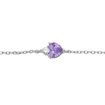 Bracelet en argent rhodié chaîne avec oxyde violet forme coeur et 1 oxyde blanc 16+3cm