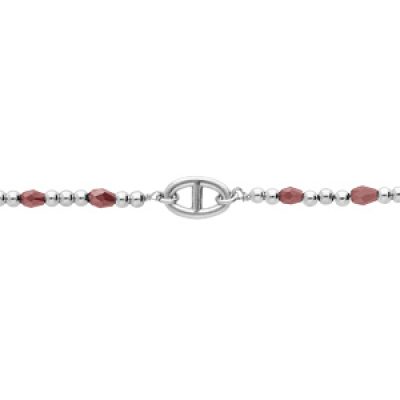 Bracelet en argent platine chaîne avec maillon marine et boules Quartz de synthèse rouge 15+3cm