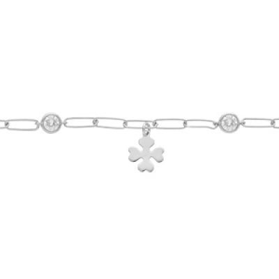 Bracelet en argent rhodié mailles rectangulaires et pampille trèfle 16+3cm