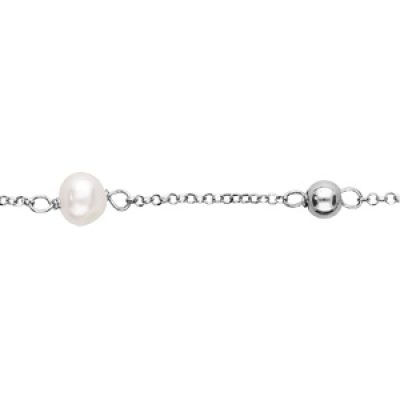 Bracelet en argent rhodié chaîne avec perles blanches d'eau douce et perles grises 17+4cm