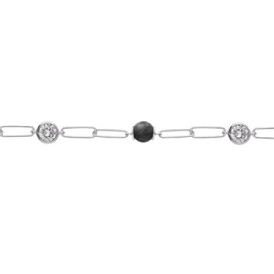 Bracelet en argent rhodié mailles rectangulaires avec perles noires et oxydes blancs 16+3cm