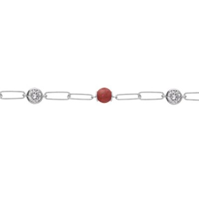 Bracelet en argent rhodié mailles rectangulaires avec perles rouges et oxydes blancs 16+3cm