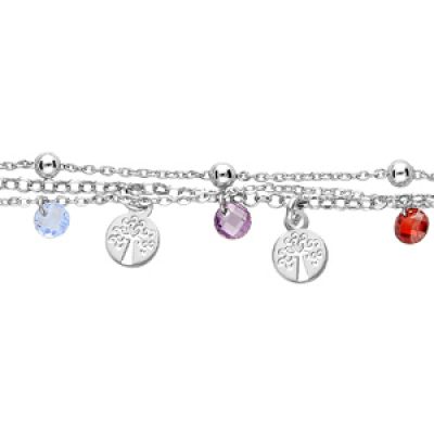 Bracelet en argent rhodié 3 chaînes avec pampilles abre de vie et pierres multi couleurs 15+3cm