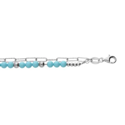 Bracelet en argent rhodié double chaîne avec perles bleues et mailles rectangles 15+3cm