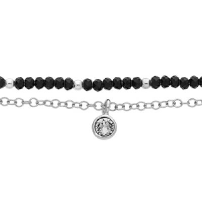 Bracelet en argent rhodié double rang pierres facetées noires et pampille oxyde blanc serti 15+3cm