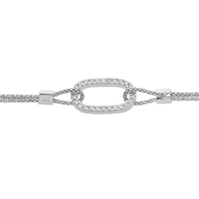 Bracelet en argent rhodié double chaîne motif ovale et oxydes blancs sertis 15+3cm