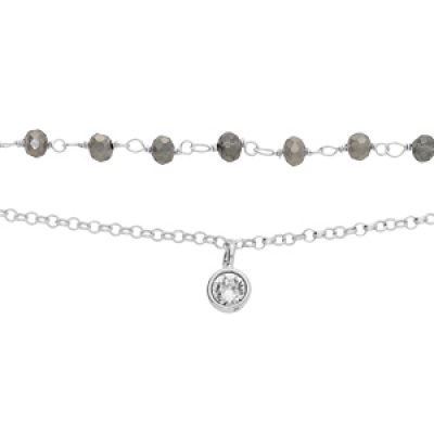 Bracelet en argent rhodié double rang pierres facetées grises et chaîne avec pampille oxyde blanc serti 15+3cm