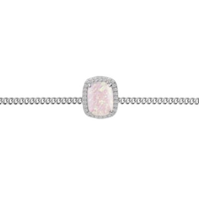 Bracelet en argent rhodié chaîne avec Opale rose de synthèse et oxydes blancs sertis 15.5+3cm
