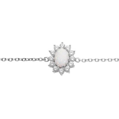 Bracelet en argent rhodié chaîne avec Opale blanche de synthèse et oxydes blancs sertis 16+3cm