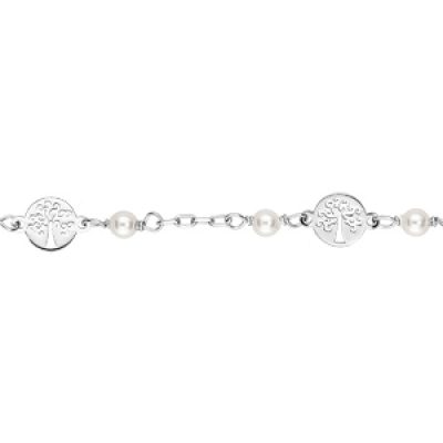 Bracelet en argent rhodié chaîne avec motif arbre de vie et perles blanches en verre de Swarovski 15+3cm