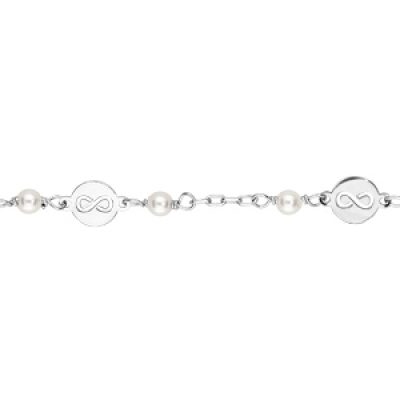 Bracelet en argent rhodié chaîne avec motif infini et perles blanches en verre de Swarovski 15+3cm