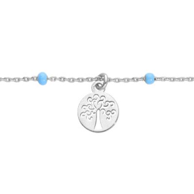 Bracelet en argent rhodié chaîne avec pampilles arbre de vie et perles bleues 15+3cm