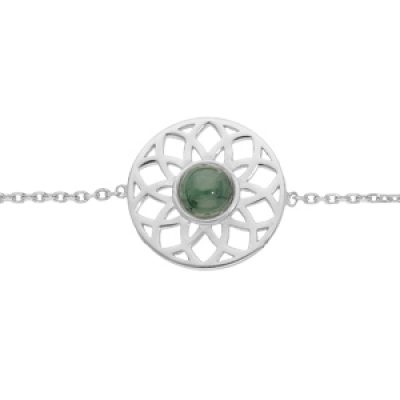 Bracelet en argent rhodié chaîne avec pastille rosace et Jade verte véritable 16+2cm