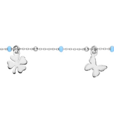 Bracelet en argent rhodié chaîne avec pampilles trèfle et papillons 16+2cm