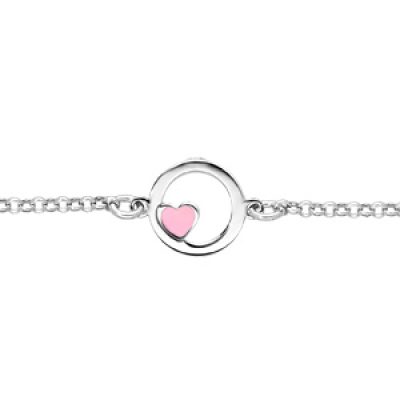 Bracelet en argent rhodié chaîne avec cercle et petit coeur rose 15+2cm