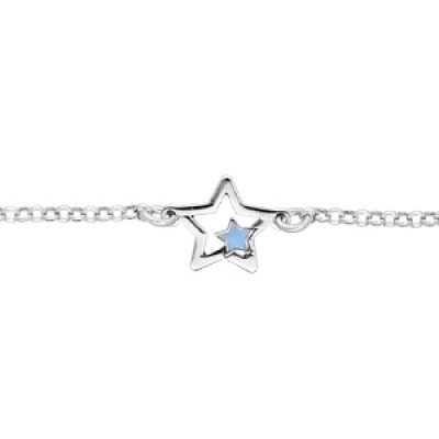 Bracelet en argent rhodié chaîne avec étoile et petite étoile bleue 15+2cm