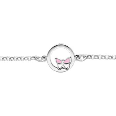 Bracelet en argent rhodié chaîne avec cercle et petit papillon rose 15+2cm
