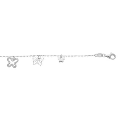Bracelet en argent rhodié chaîne avec pampilles papillon 15+3cm