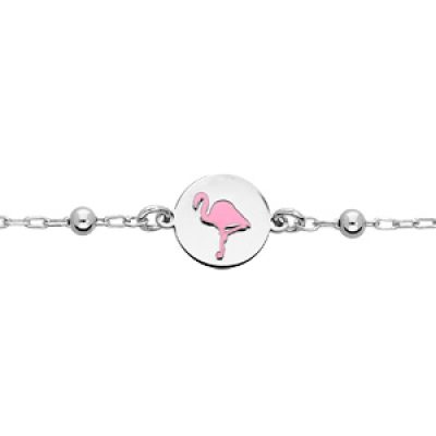 Bracelet en argent rhodié chaîne avec pastille motif flamant rose 15+2cm