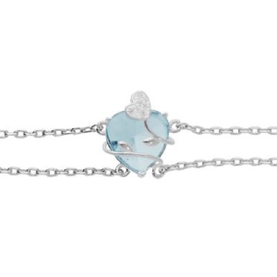 Bracelet en argent platiné double chaîne avec coeur d'oxyde bleu ciel motif volute 16+3cm