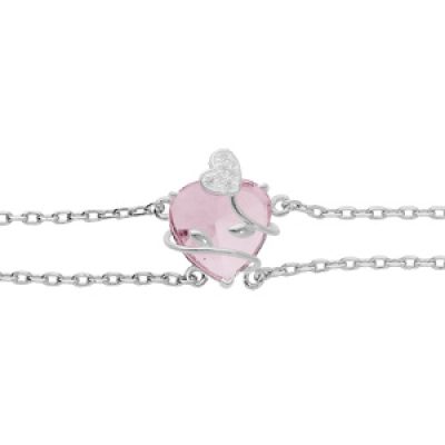 Bracelet en argent platiné double chaîne avec coeur oxyde rose ciel motif volute 16+3cm