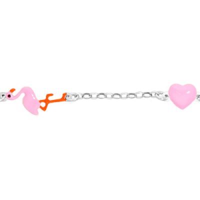 Bracelet en argent rhodié chaîne avec flamant rose et coeur rose 14+2cm