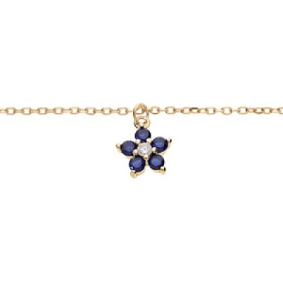 Bracelet en argent et dorure rhodié chaîne avec pampille fleur en oxydes bleu 15+3cm