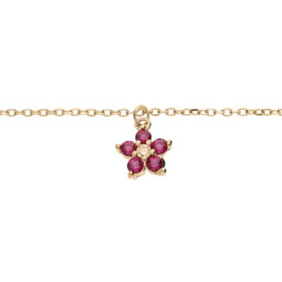 Bracelet en argent et dorure rhodié chaîne avec pampille fleur en oxydes framboise 15+3cm