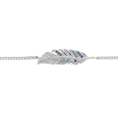 Bracelet en argent rhodié chaîne avec plume et oxydes multi couleurs 15.5+3cm