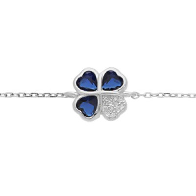 Bracelet en argent rhodié chaîne avec trèfle d'oxydes bleus et coeur 16+1+1cm