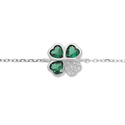 Bracelet en argent rhodié chaîne avec trèfle d'oxydes verts et coeur 16+1+1cm