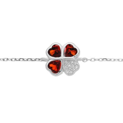 Bracelet en argent rhodié chaîne avec trèfle d'oxydes rouges et coeur 16+1+1cm