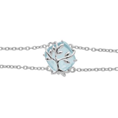 Bracelet en argent platiné double chaîne avec oxyde bleu ciel motif arbre de vie 16+3cm