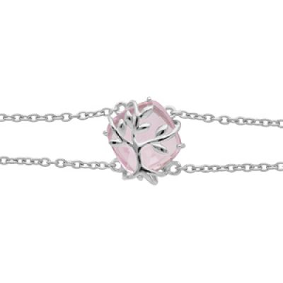 Bracelet en argent platiné double chaîne avec oxyde rose motif arbre de vie 16+3cm