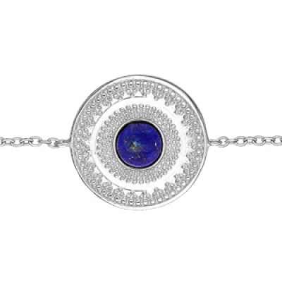 Bracelet en argent rhodié chaîne avec pastille ronde et Lapis Lazuli véritable 16+2cm