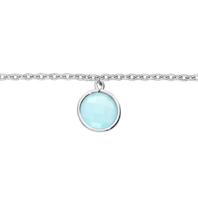 Bracelet en argent rhodié chaîne avec pastille pierre ronde bleue 16+2cm