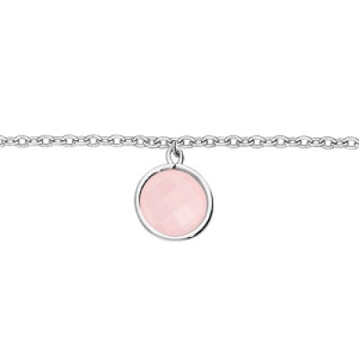 Bracelet en argent rhodié chaîne avec pastille pierre ronde rose 16+2cm